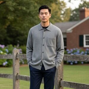 GAP Mens Merino Wool Button Down Cardigan collar Grey Large Long Sleeve Pocket